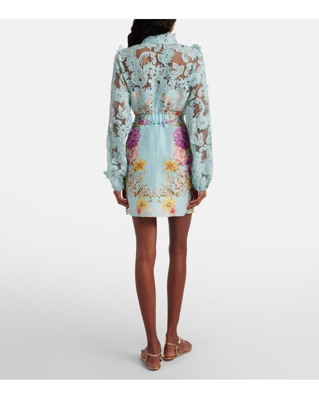 Camilla Blue Embellished Lace-Trimmed Linen And Silk Minidress