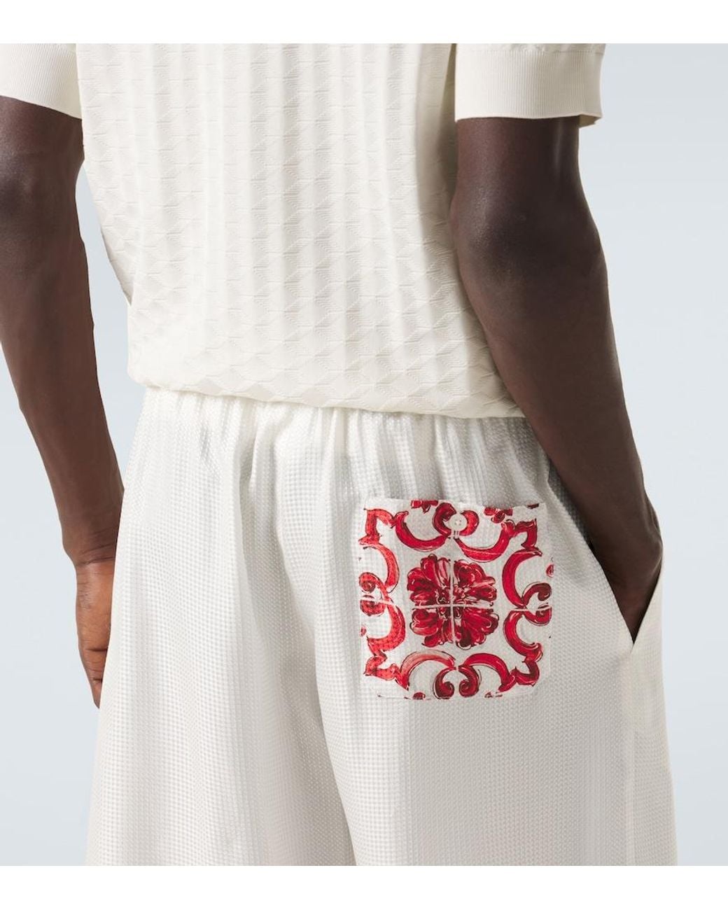 Dolce & Gabbana White Majolica Silk Twill Jacquard Bermuda Shorts for men