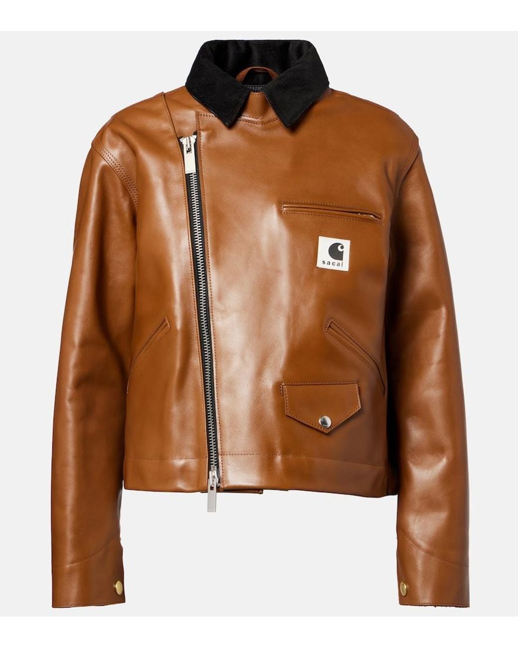 Sacai Brown X Carhartt Asymmetric Leather Jacket