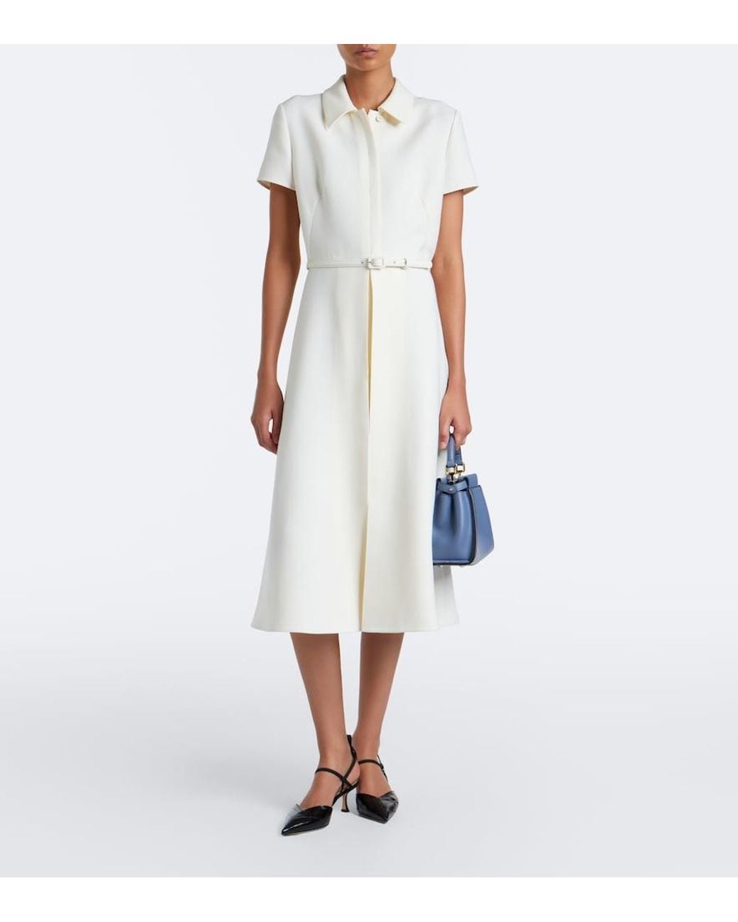 Fendi White Belted Wool And Silk Midi Dress