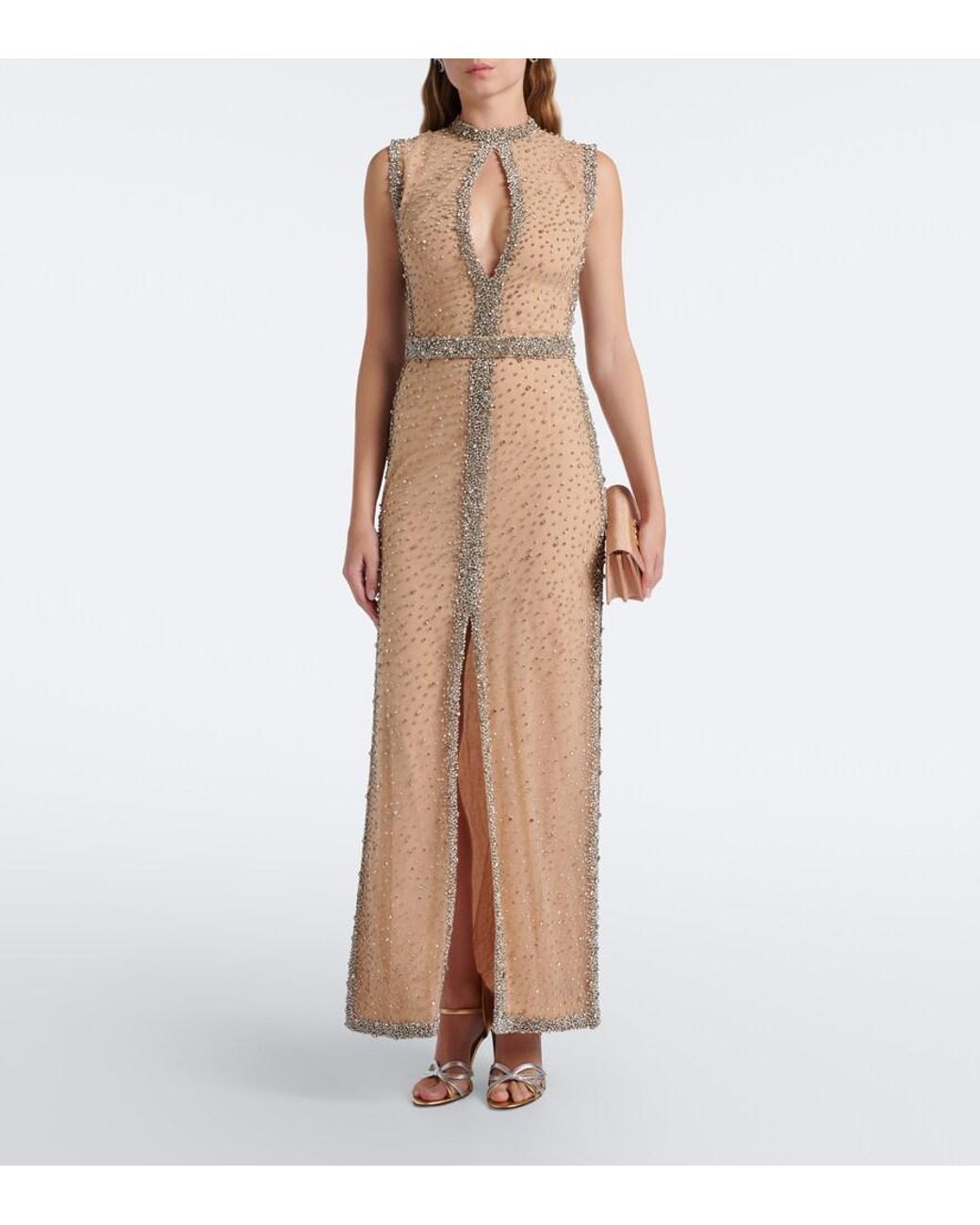 Costarellos Natural Belina Cutout Crystal-Embellished Gown