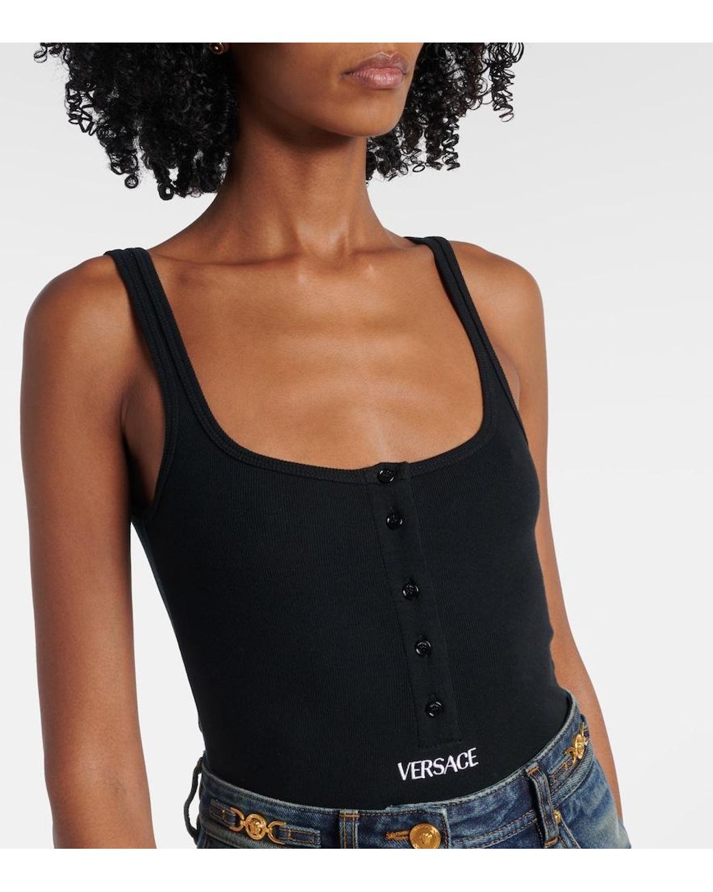 Versace Black Ribbed-Knit Logo Cotton-Blend Bodysuit