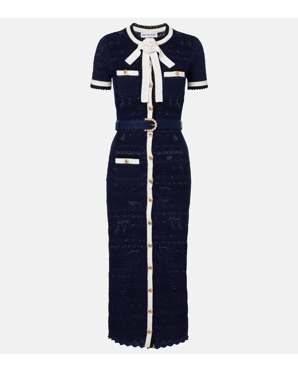 Self-Portrait Blue Bow-Detail Pointelle Cotton-Blend Midi Dress