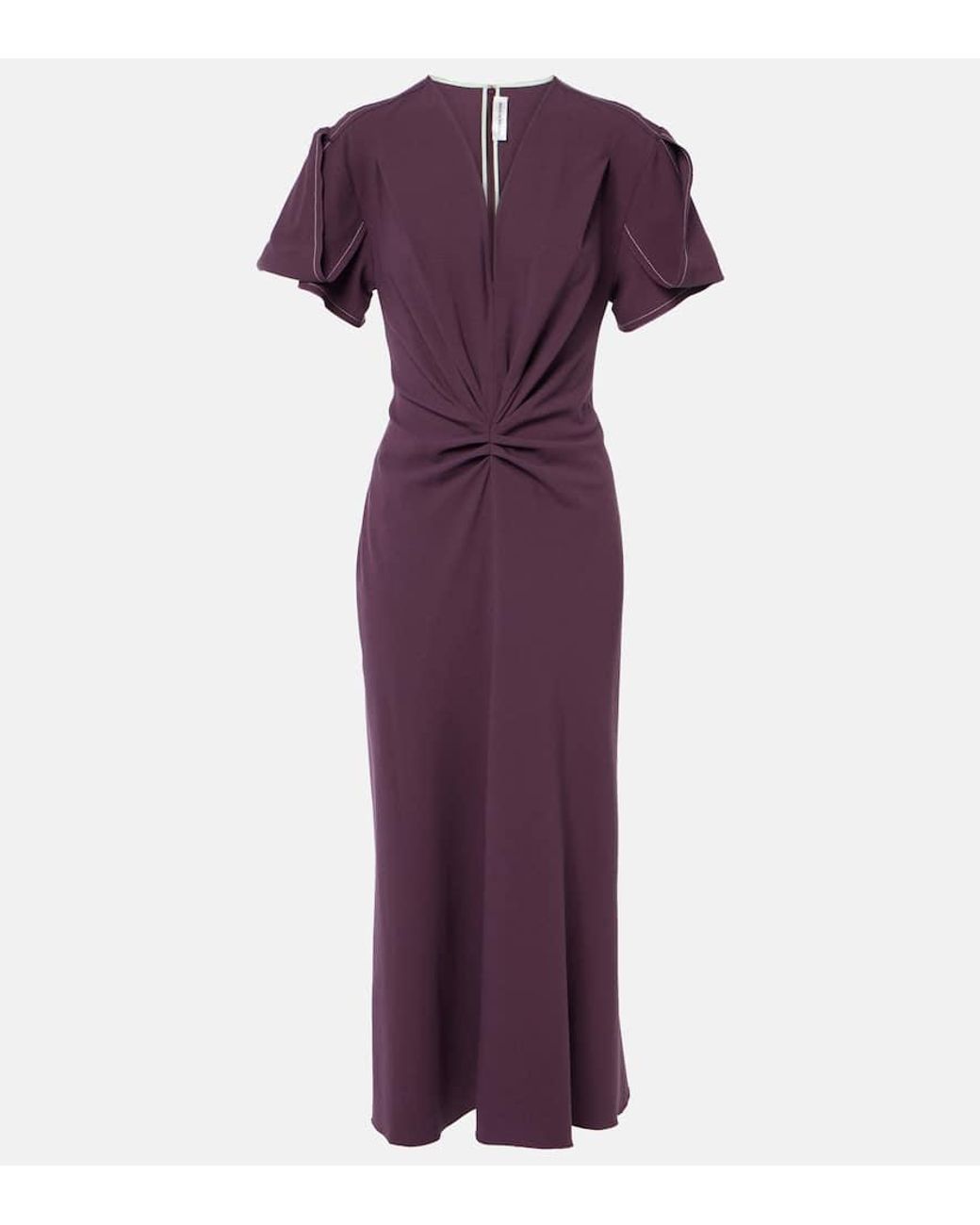 Victoria Beckham Purple Wool-Blend Gathered-Waist Midi Dress