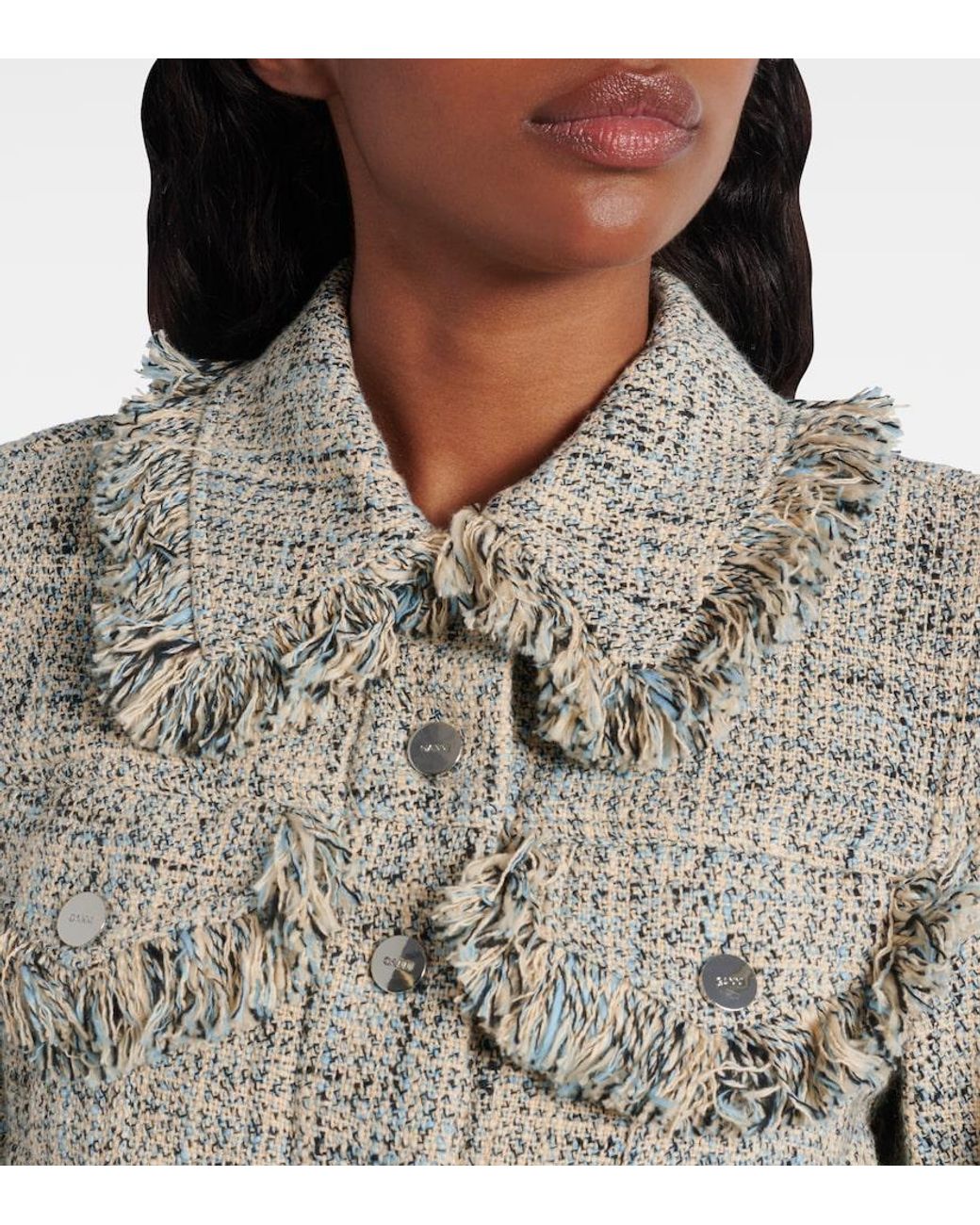 Ganni Blue Cropped Cotton Tweed Jacket