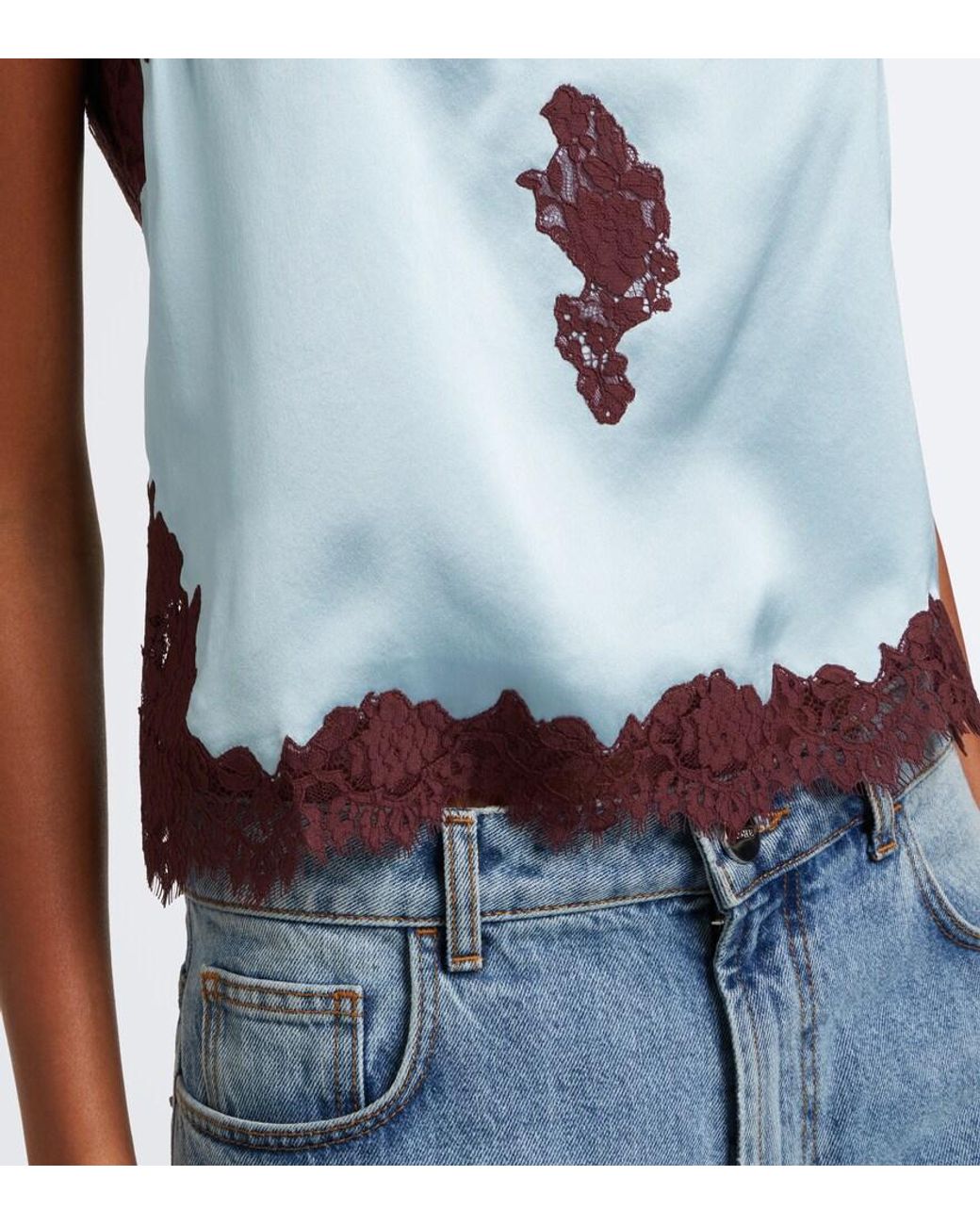 Doen Blue Avelaine Lace-Trimmed Silk Satin Camisole