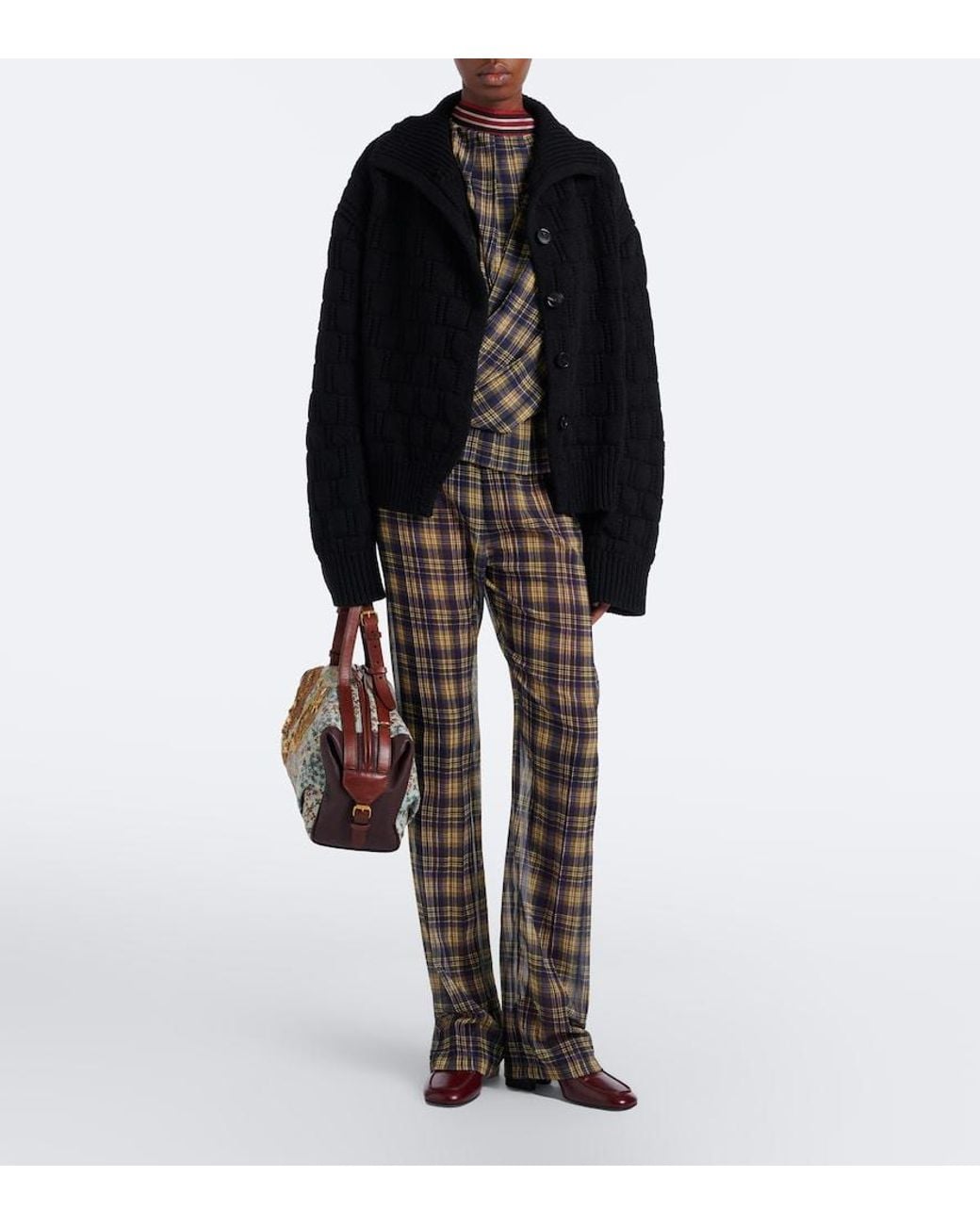 Dries Van Noten Gray Checked Draped One-Shoulder Top