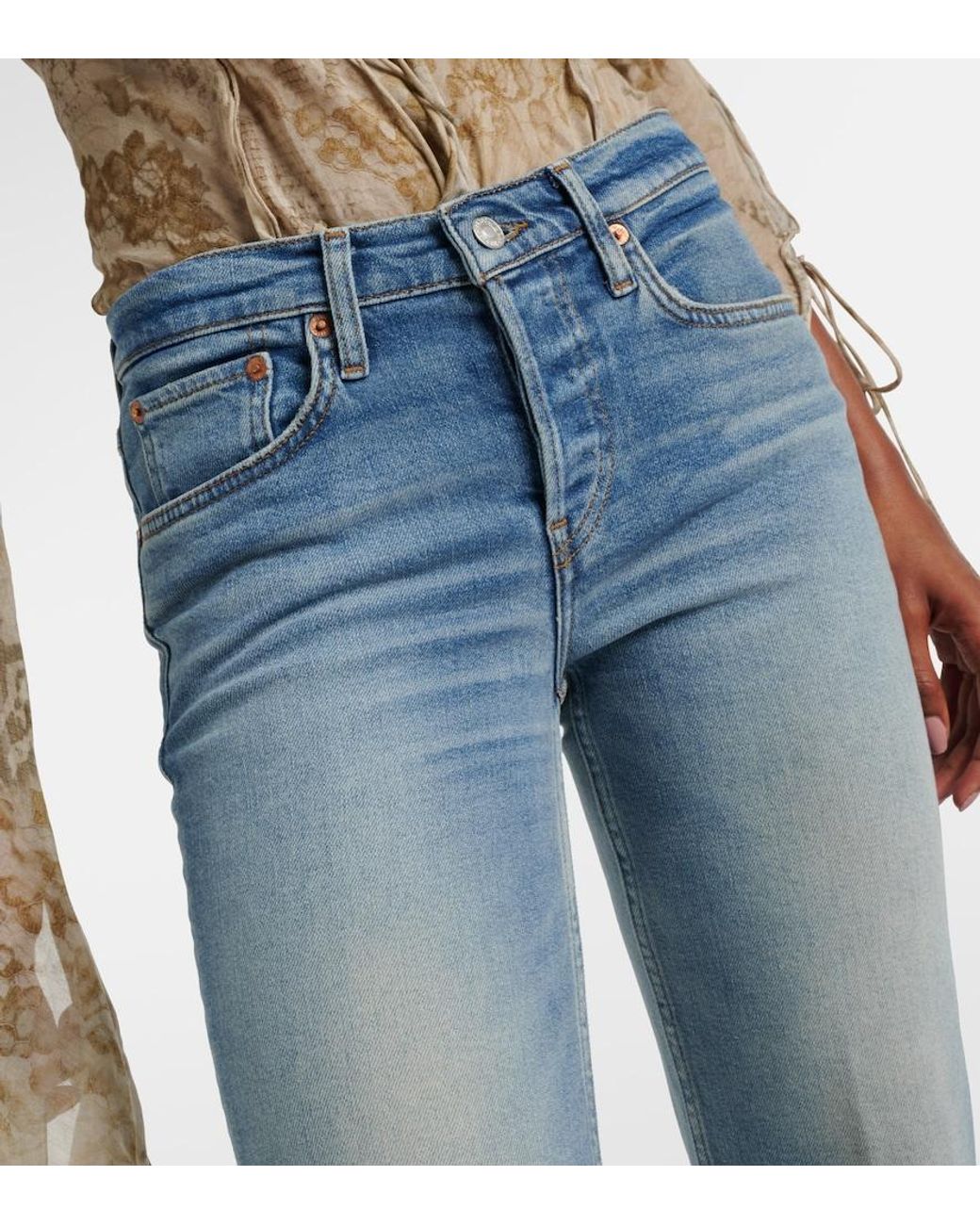 Re/done Blue Mid Rise Stove Pipe Straight Jeans