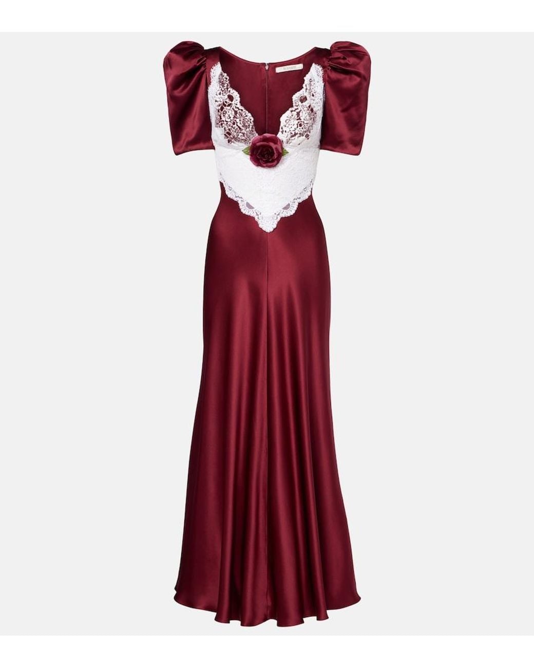 Rodarte Red Floral-Applique Lace-Trimmed Silk Gown