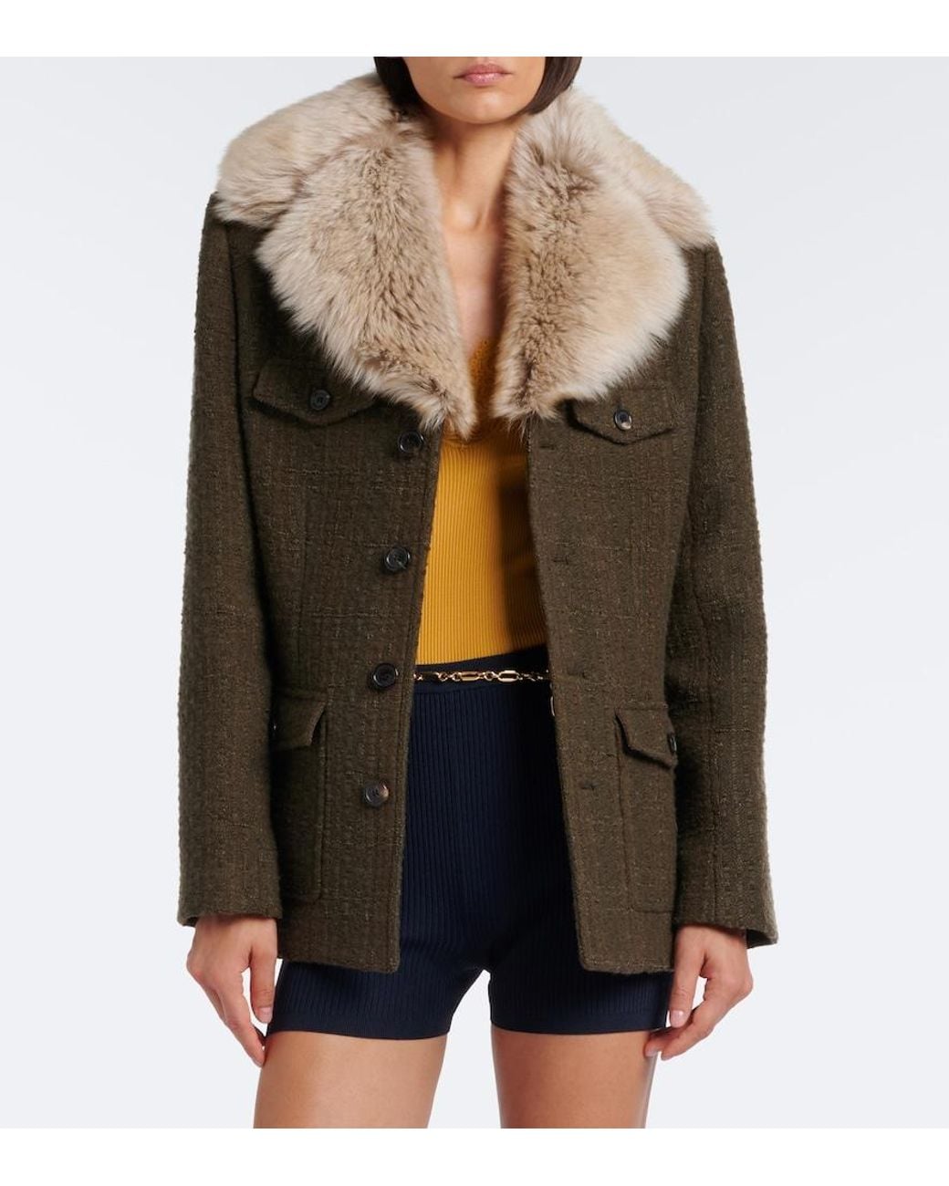 Saint Laurent Green Shearling-Trimmed Wool-Blend Tweed Jacket