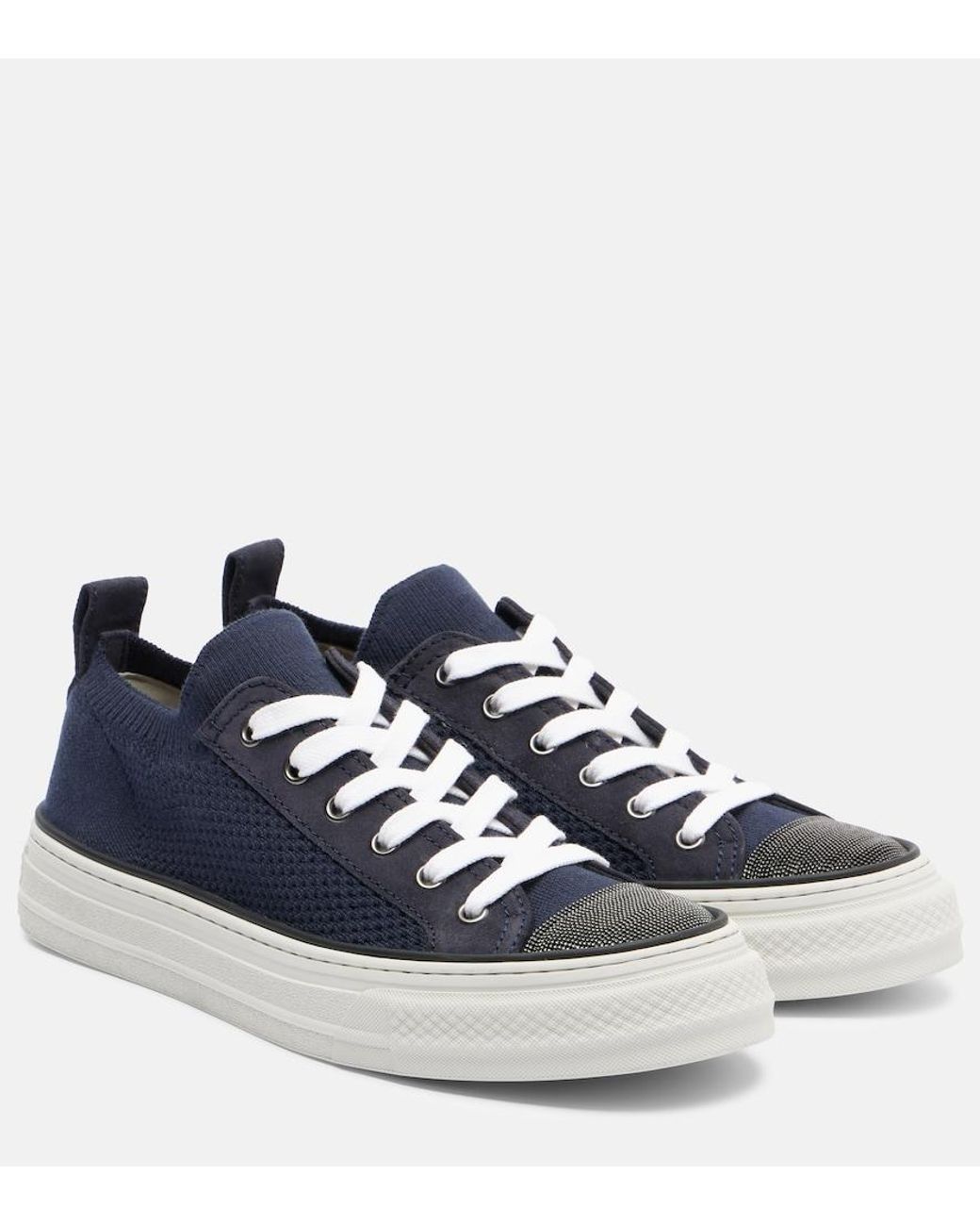Brunello Cucinelli Blue Monili Suede-Trimmed Sneakers