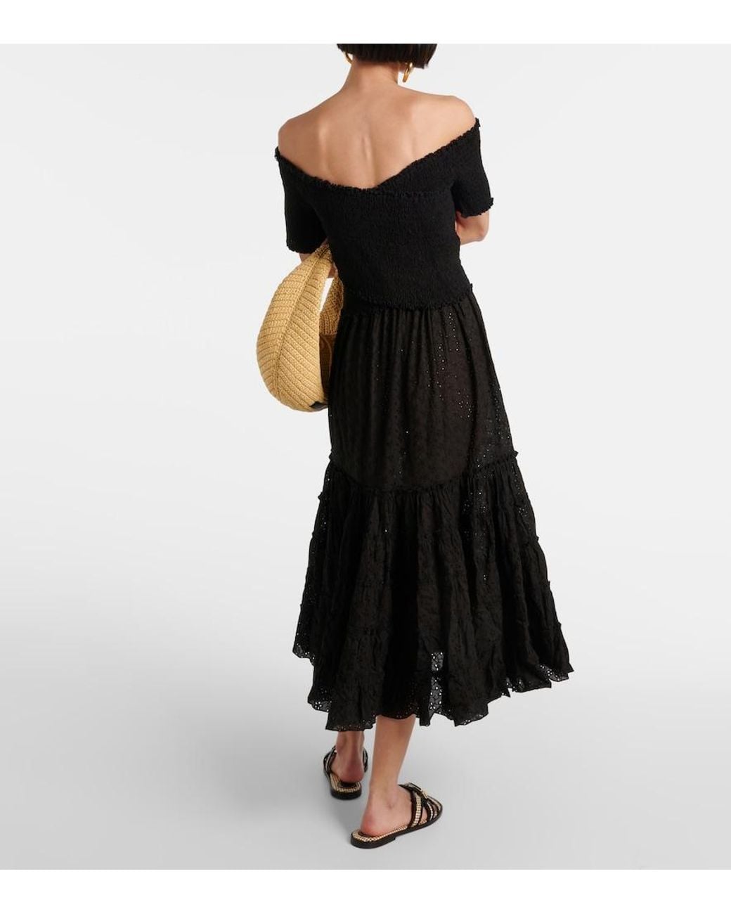 Poupette Black Soledad Smocked Cotton Midi Dress