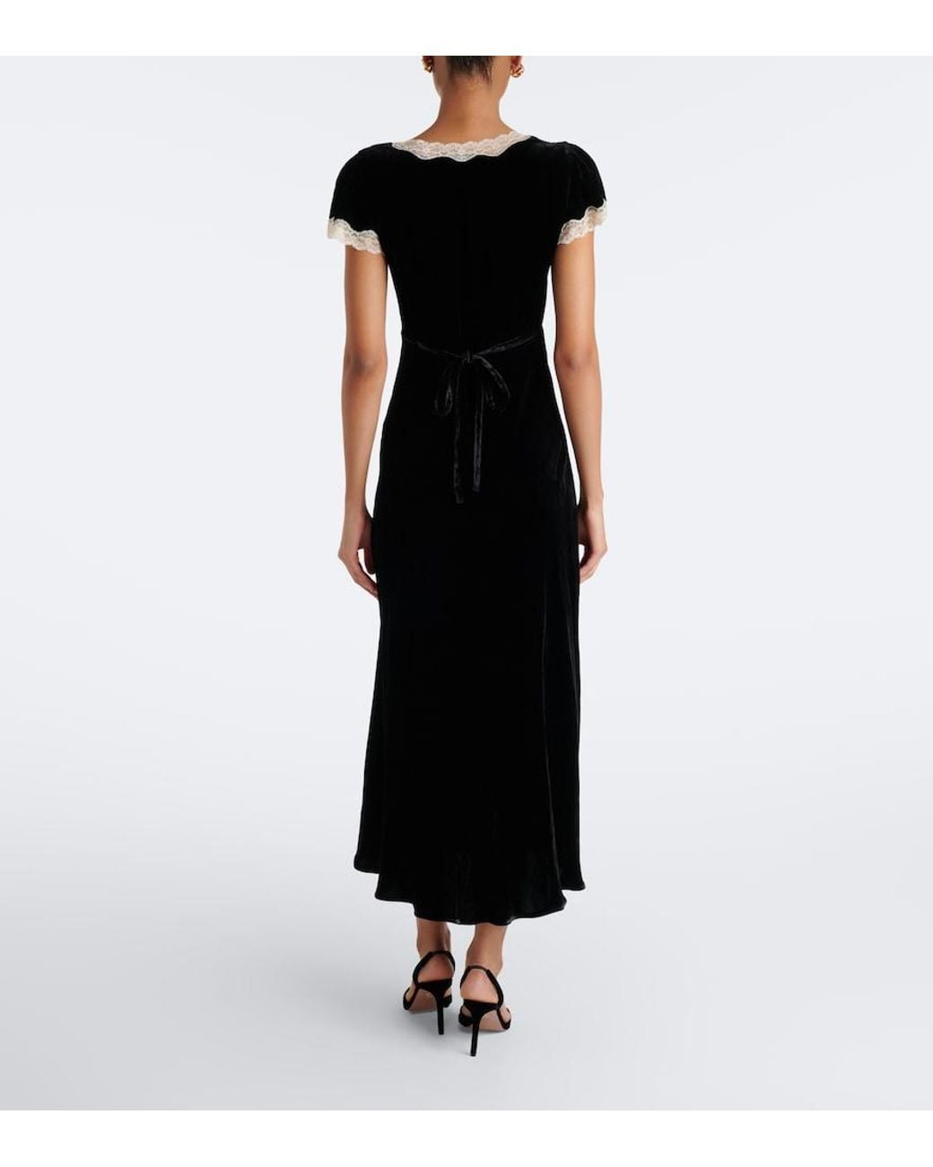 Rixo Black Clarice Lace-Trimmed Velvet Midi Dress