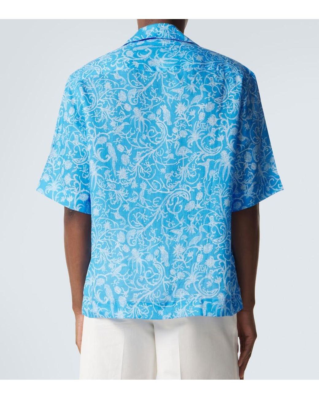 Kiton Blue Printed Linen Bowling Shirt for men