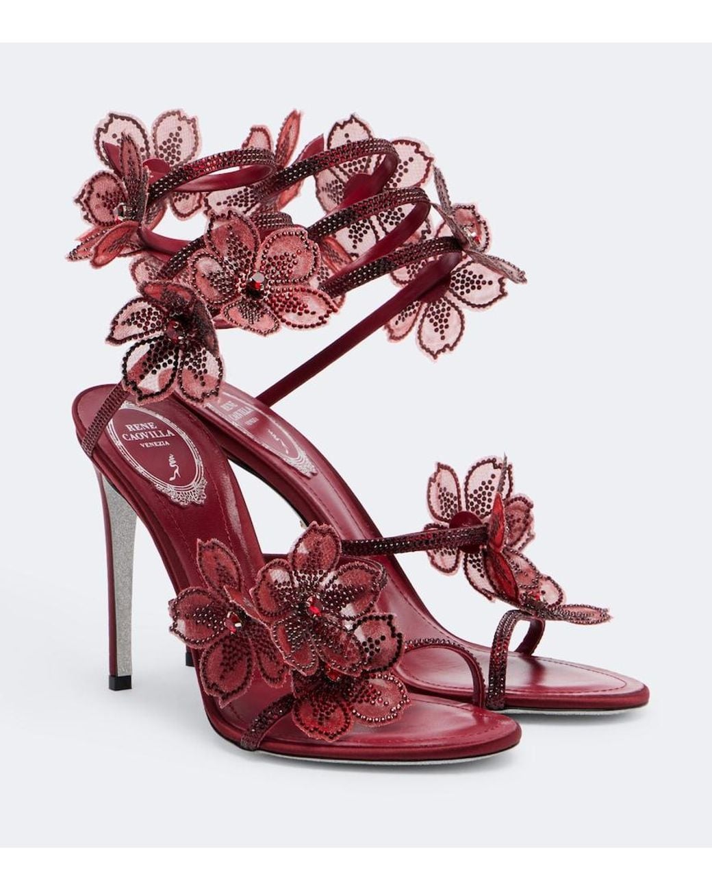 Rene Caovilla Red Floriane Floral-Applique Embellished Sandals