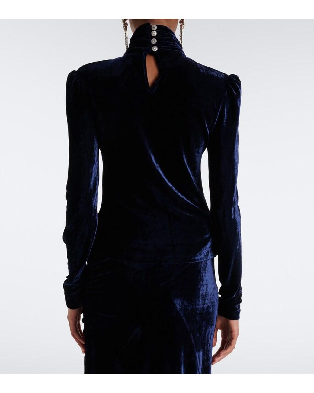 Rabanne Blue Embellished Gathered Velvet Top