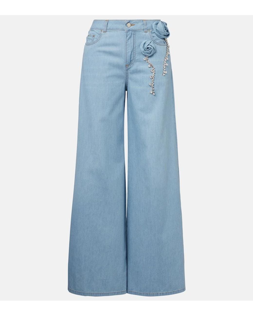 Area Blue Embellished Floral-Applique Wide-Leg Jeans