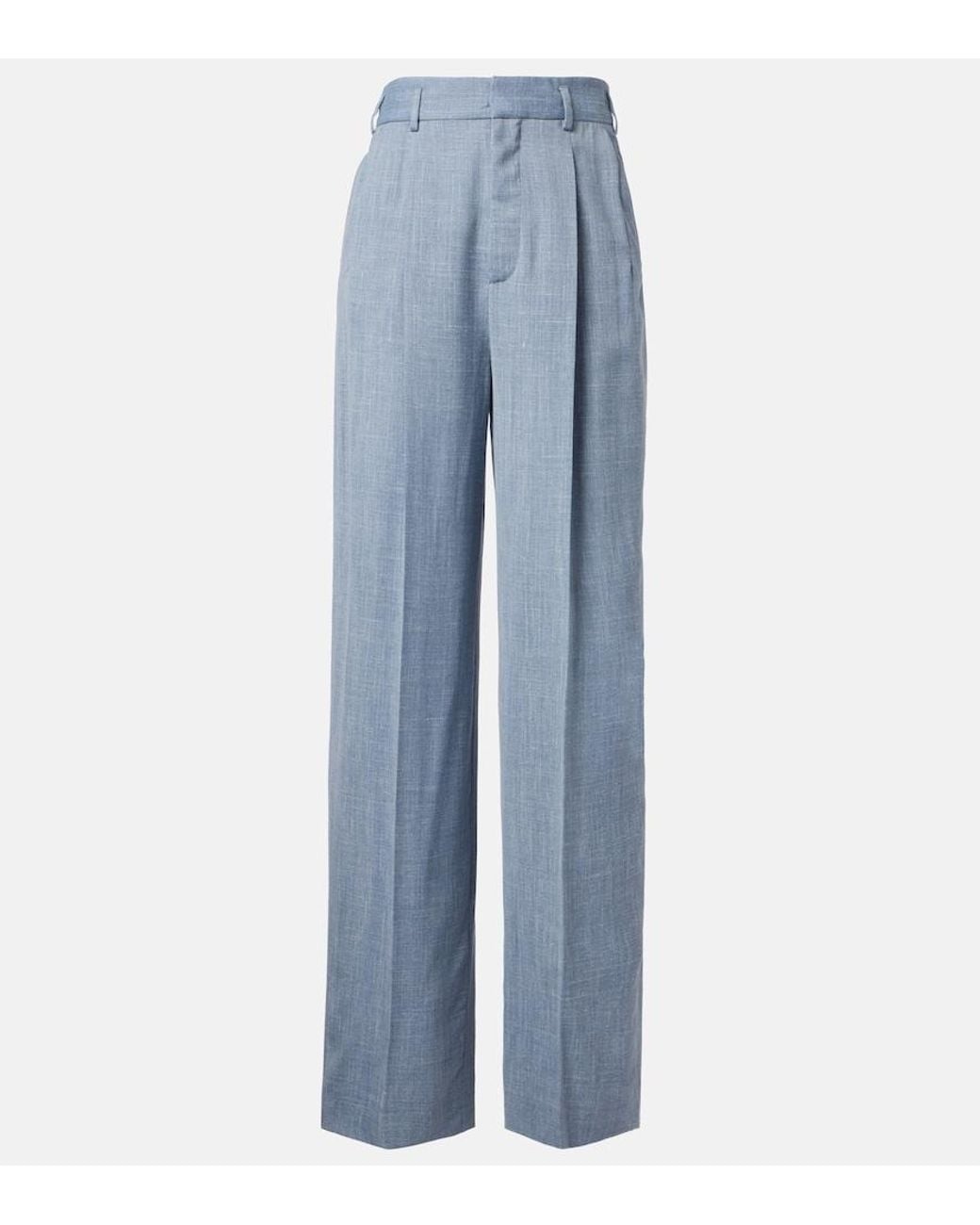 Loro Piana Blue Hector Wool, Silk, And Linen Wide-Leg Pants