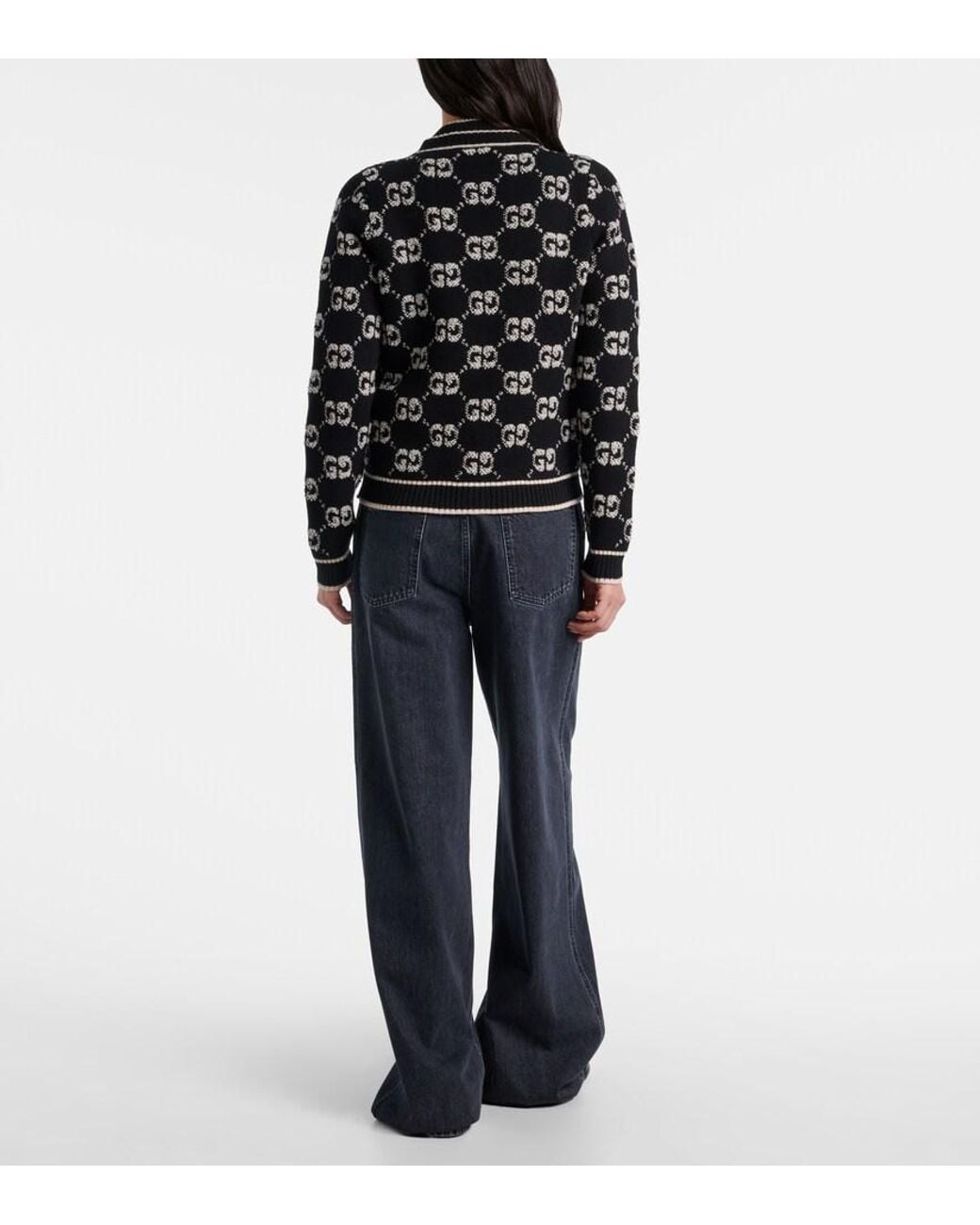 Gucci Black Cardigan Aus Wollbouclé Mit Gg Jacquard, Grösse