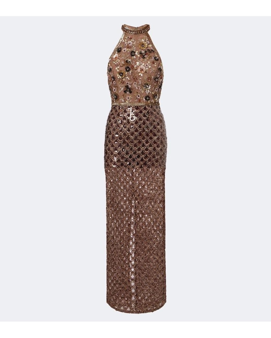 La Fuori Brown Scales Of Embellished Halterneck Gown