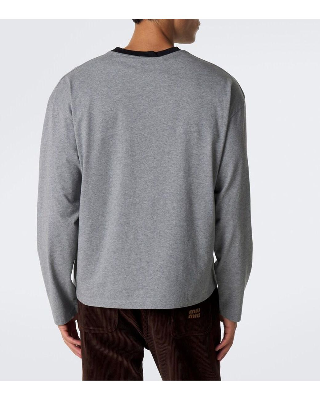 Miu Miu Gray Embroidered Logo Cotton Jersey T-Shirt for men