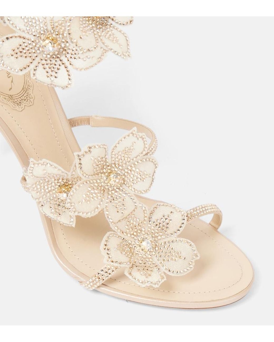 Rene Caovilla Natural Peach Flower Floral-Applique Satin Sandals
