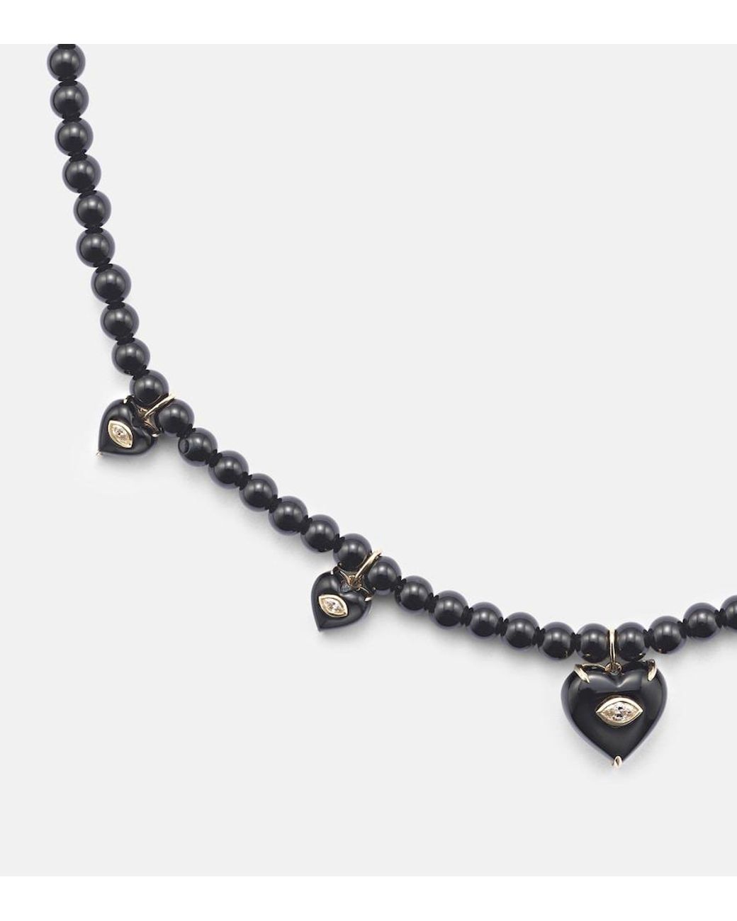 Sydney Evan Metallic Carved Heart 14Kt Beaded Necklace With Diamonds And Onyx