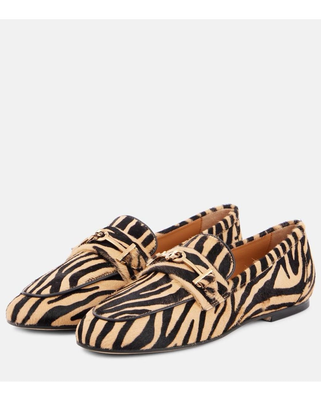 Tod's Brown T Ring Printed Calf Hair Loafers