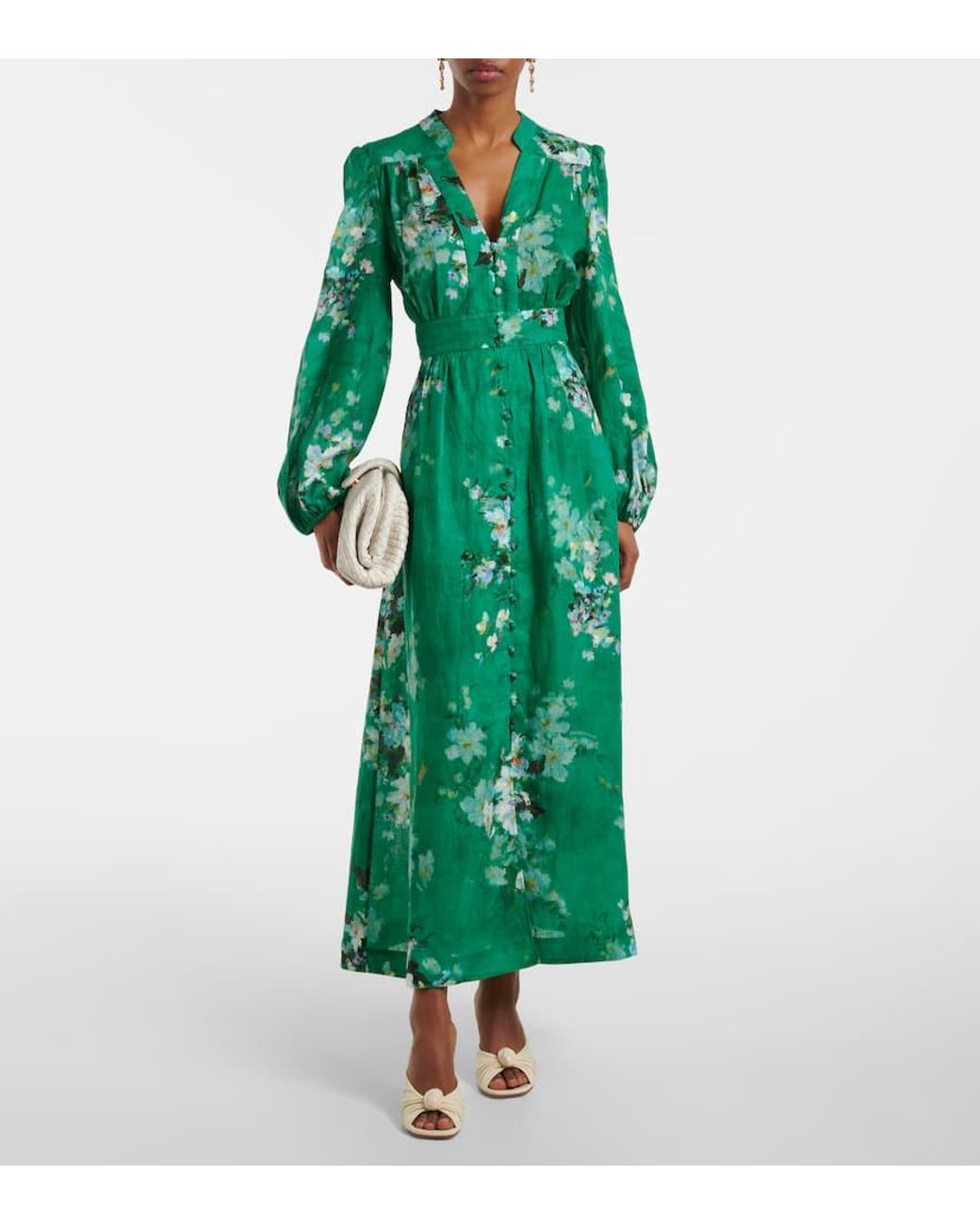 Zimmermann Everley Plunge Floral Linen Midi Dress in Green | Lyst