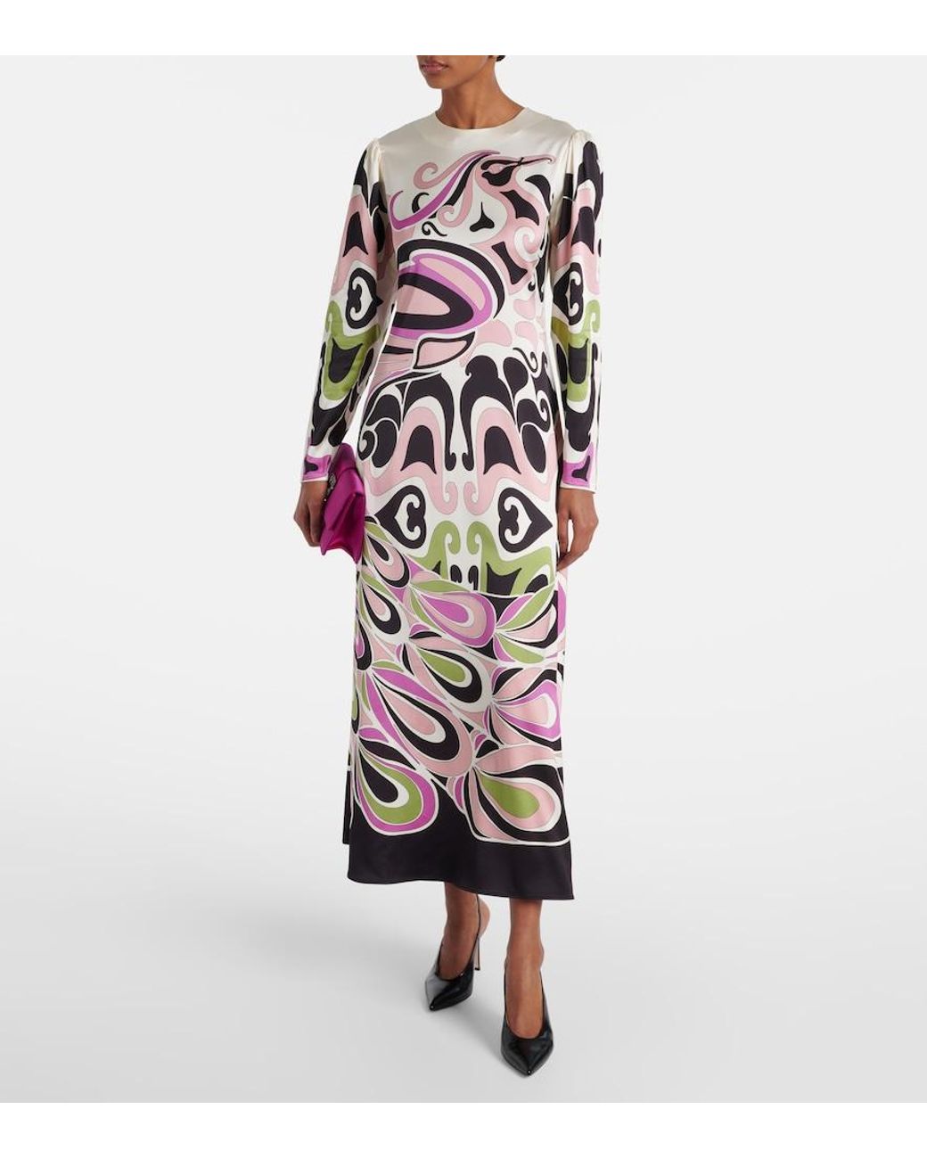 LaDoubleJ White Clingy Swing Printed Satin Midi Dress