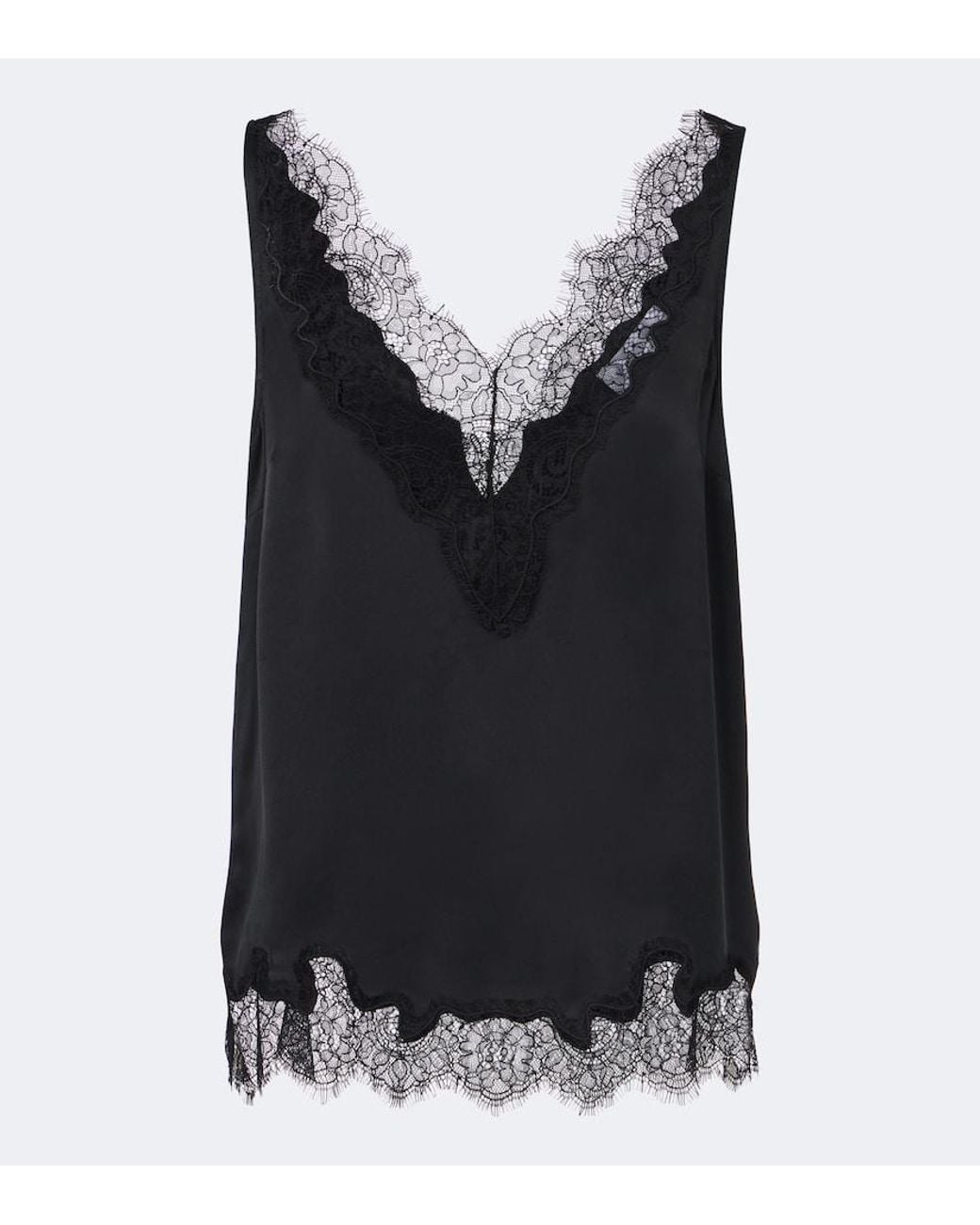 Velvet Black Lace-Trimmed Silk Satin Top