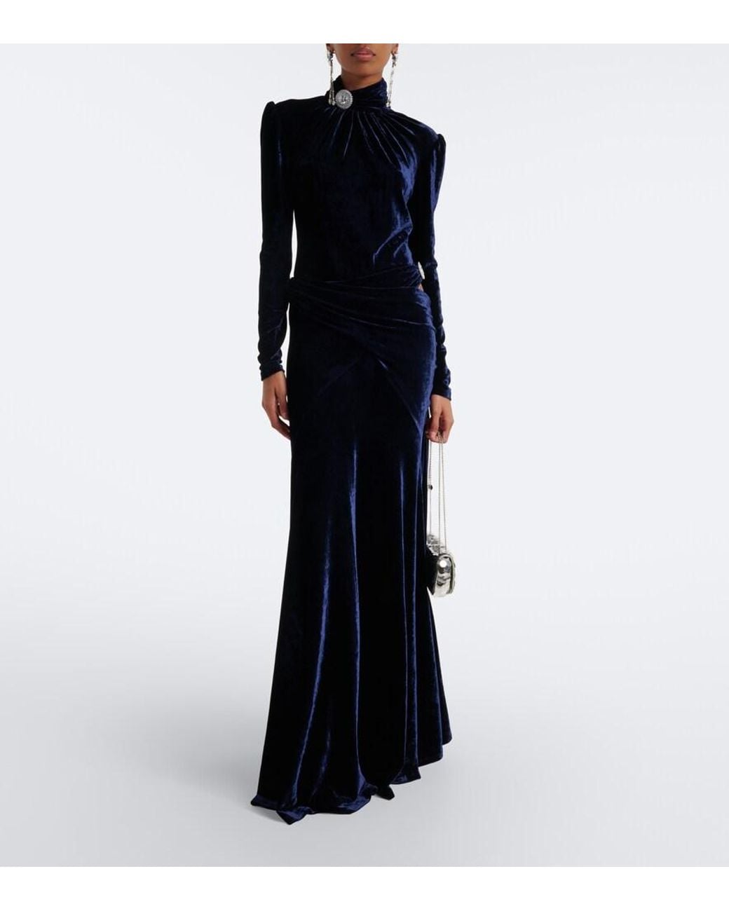 Rabanne Blue Embellished Gathered Velvet Top