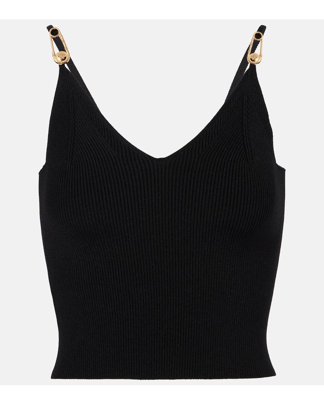 Versace Black Ribbed Crop Top With-Tone Hardware Accents