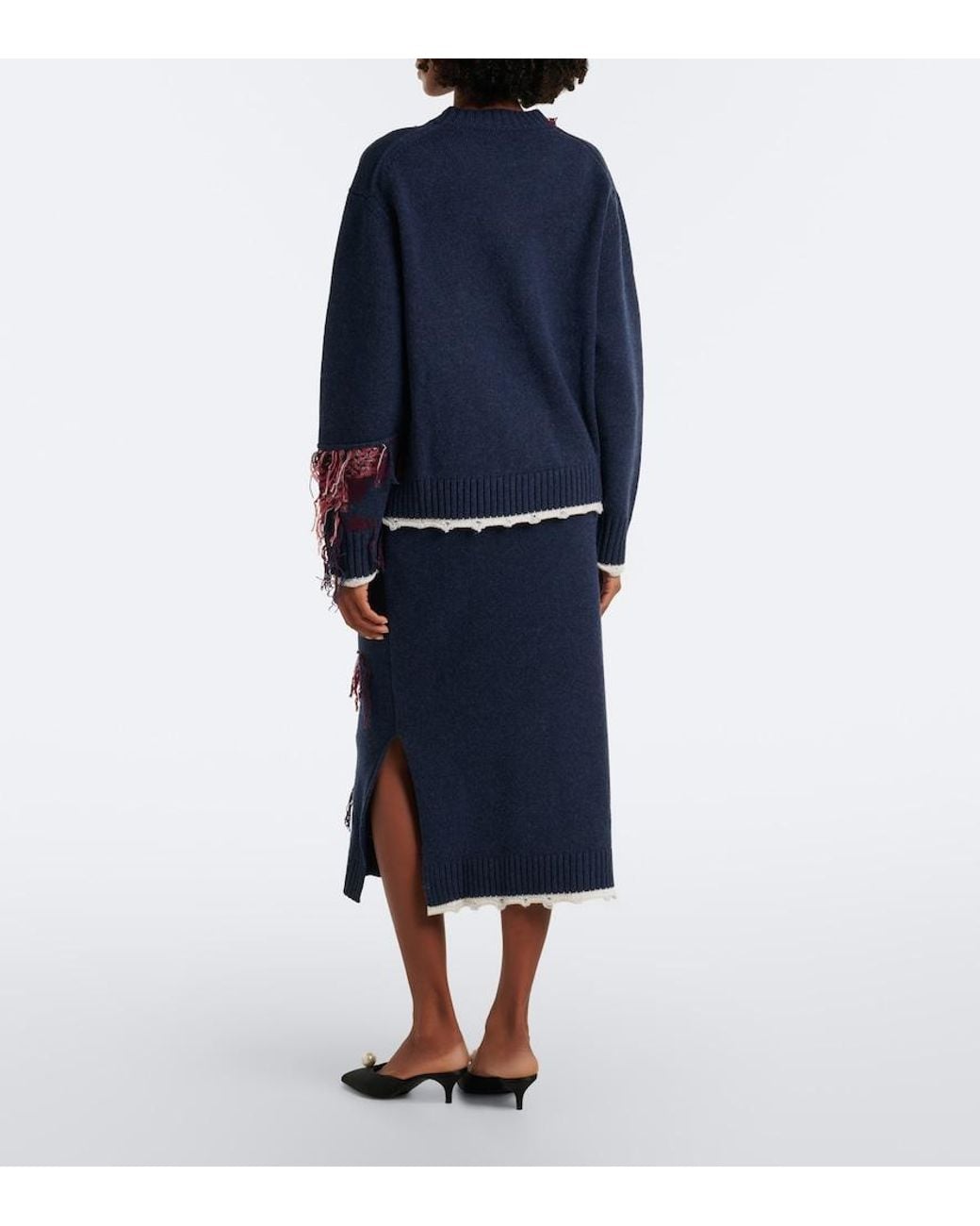 Erdem Blue Fringed Intarsia Wool Midi Skirt