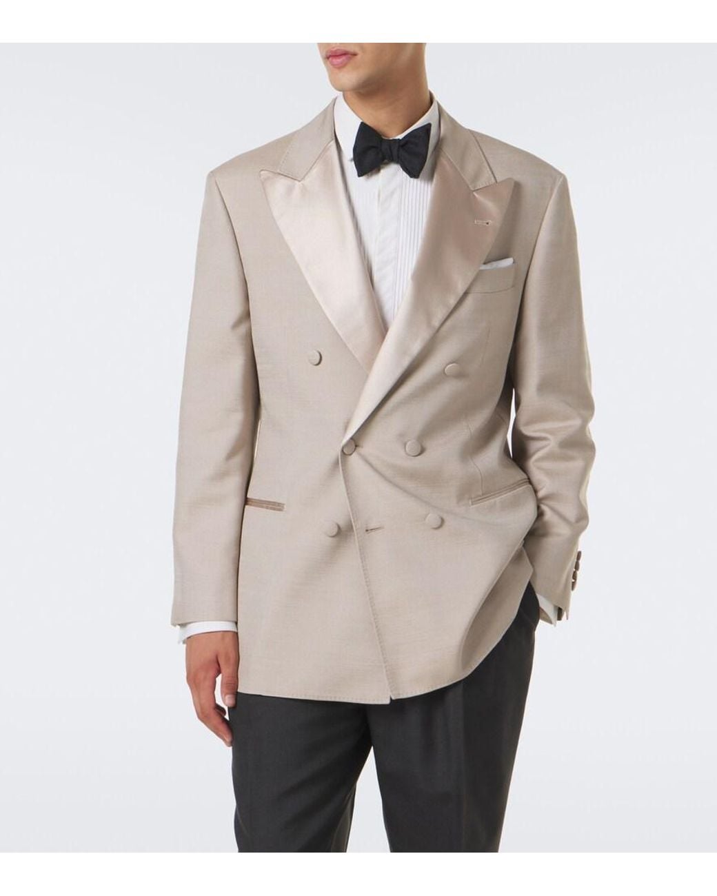 Brunello Cucinelli Natural Double-Breasted Satin-Trimmed Silk Blazer for men