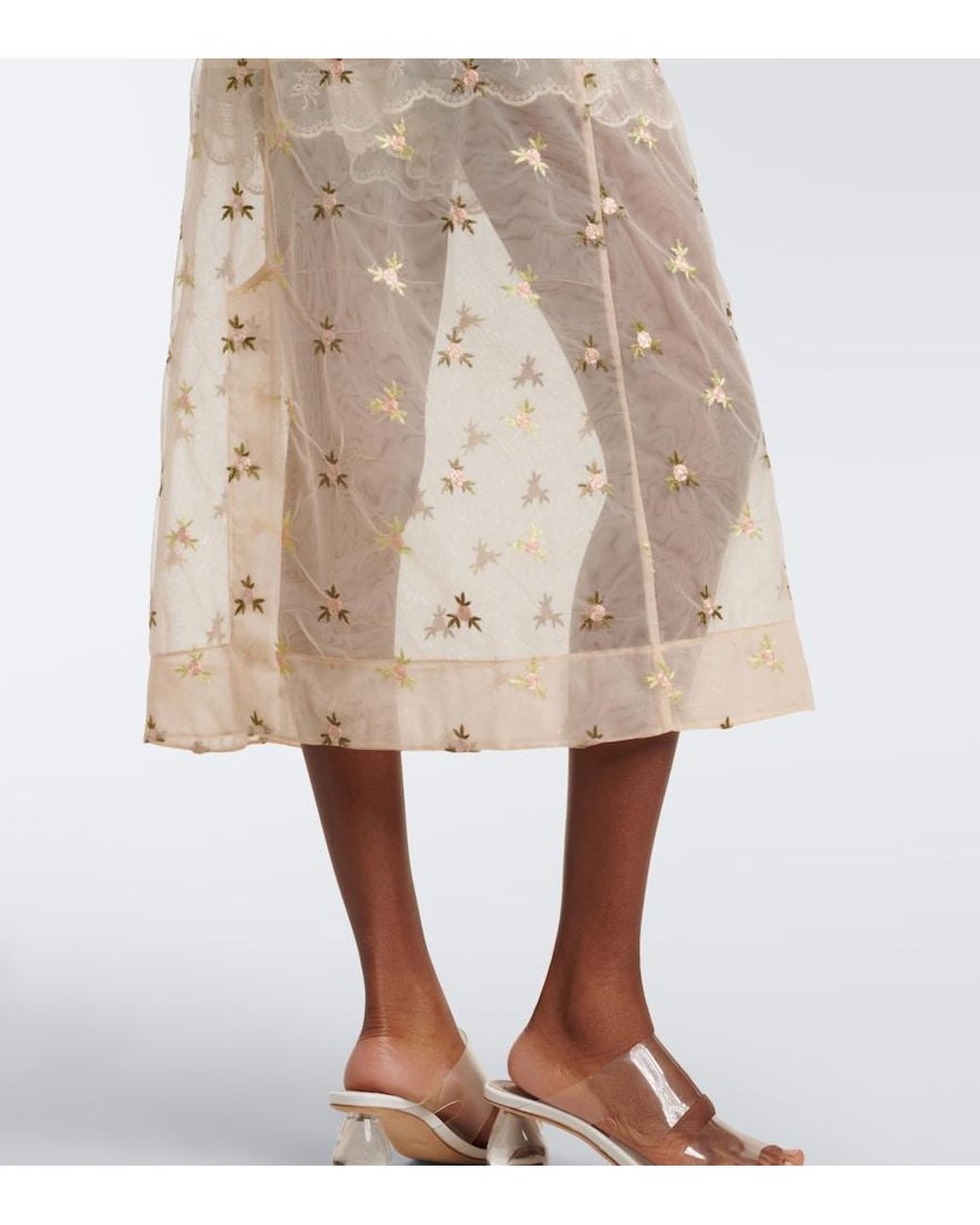 Simone Rocha Natural Embroidered Tulle Midi Skirt