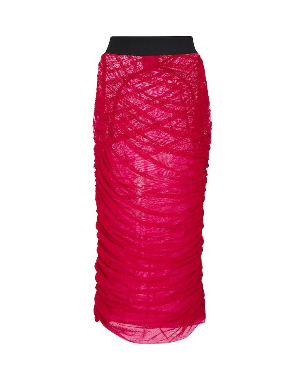 Dries Van Noten Red Ruched Mesh Midi Skirt