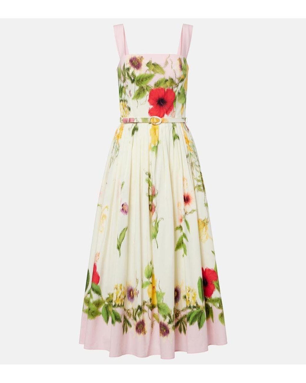 Oscar de la Renta White Belted Floral Cotton-Blend Poplin Midi Dress