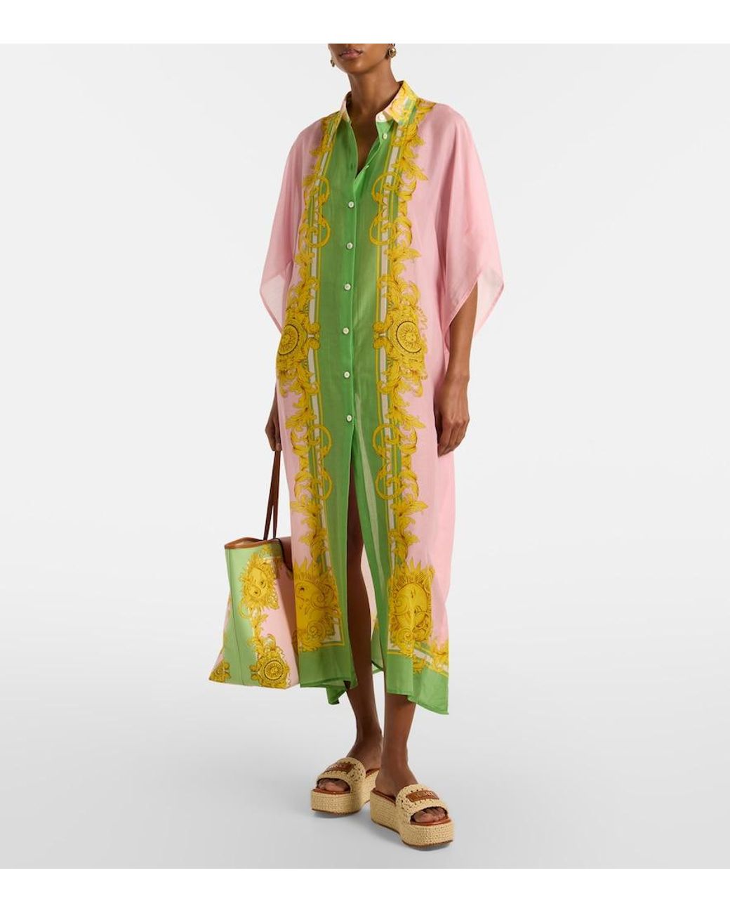 Versace Yellow Printed Cotton And Silk Voile Kaftan