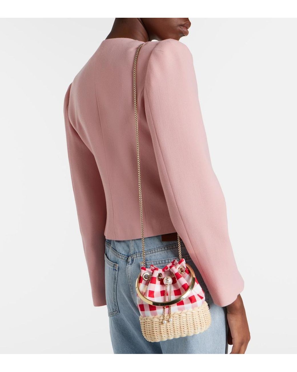 Jimmy Choo Red Bon Bon Gingham Canvas And Wicker Bucket Bag
