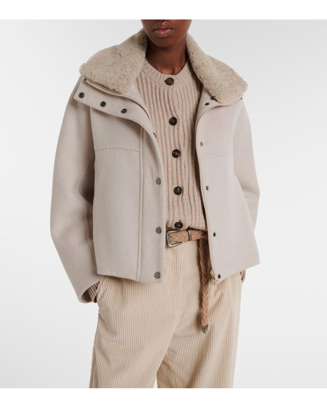 Brunello Cucinelli Natural Shearling-Trimmed Wool And Cashmere Jacket