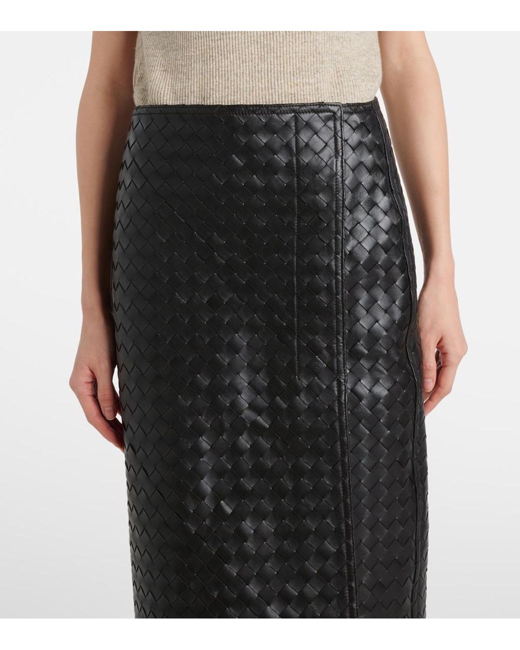 Bottega Veneta Black Intrecciato Leather Midi Skirt