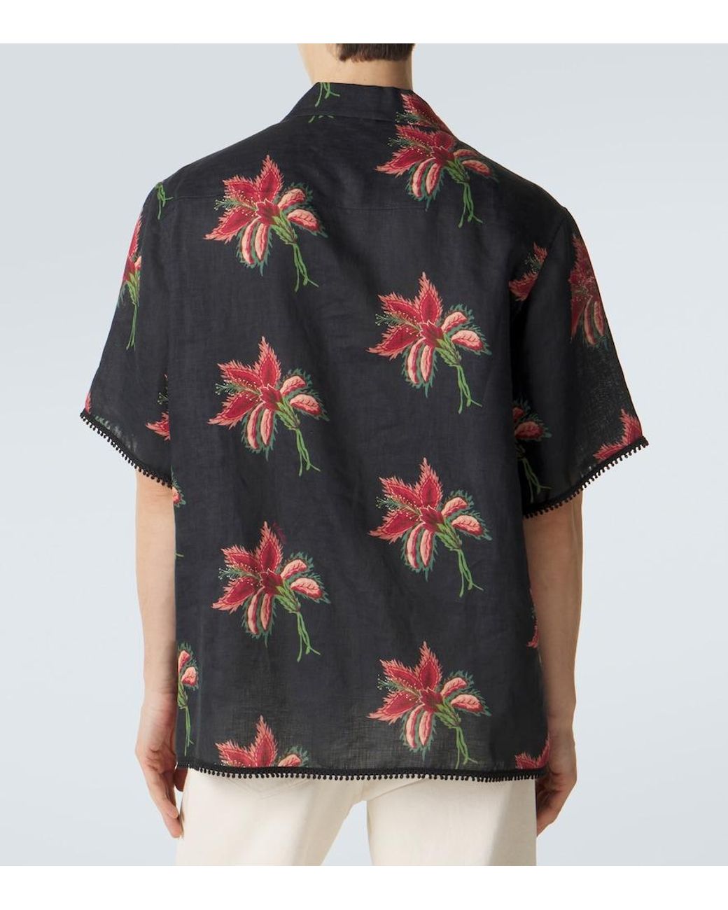 Valentino Garavani Black Floral Lace-Trimmed Linen Bowling Shirt for men