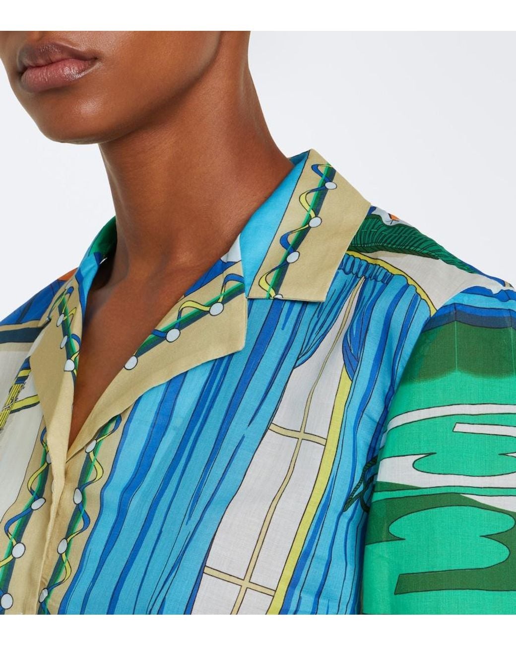 Tory Burch Blue Printed Cotton Poplin Bowling Shirt