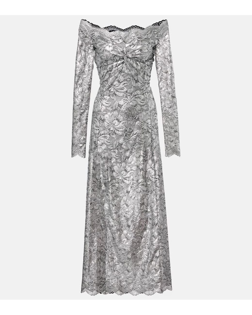 Rabanne Gray Metallic-Effect Lace Maxi Dress