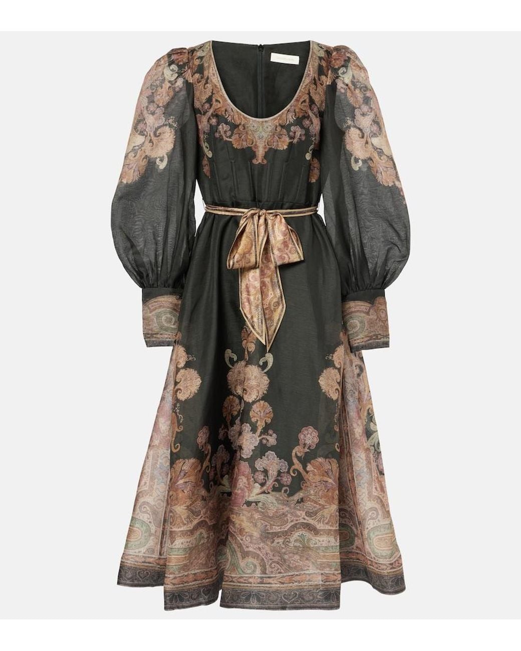 Zimmermann Black Printed Linen And Silk-Blend Organza Midi Dress