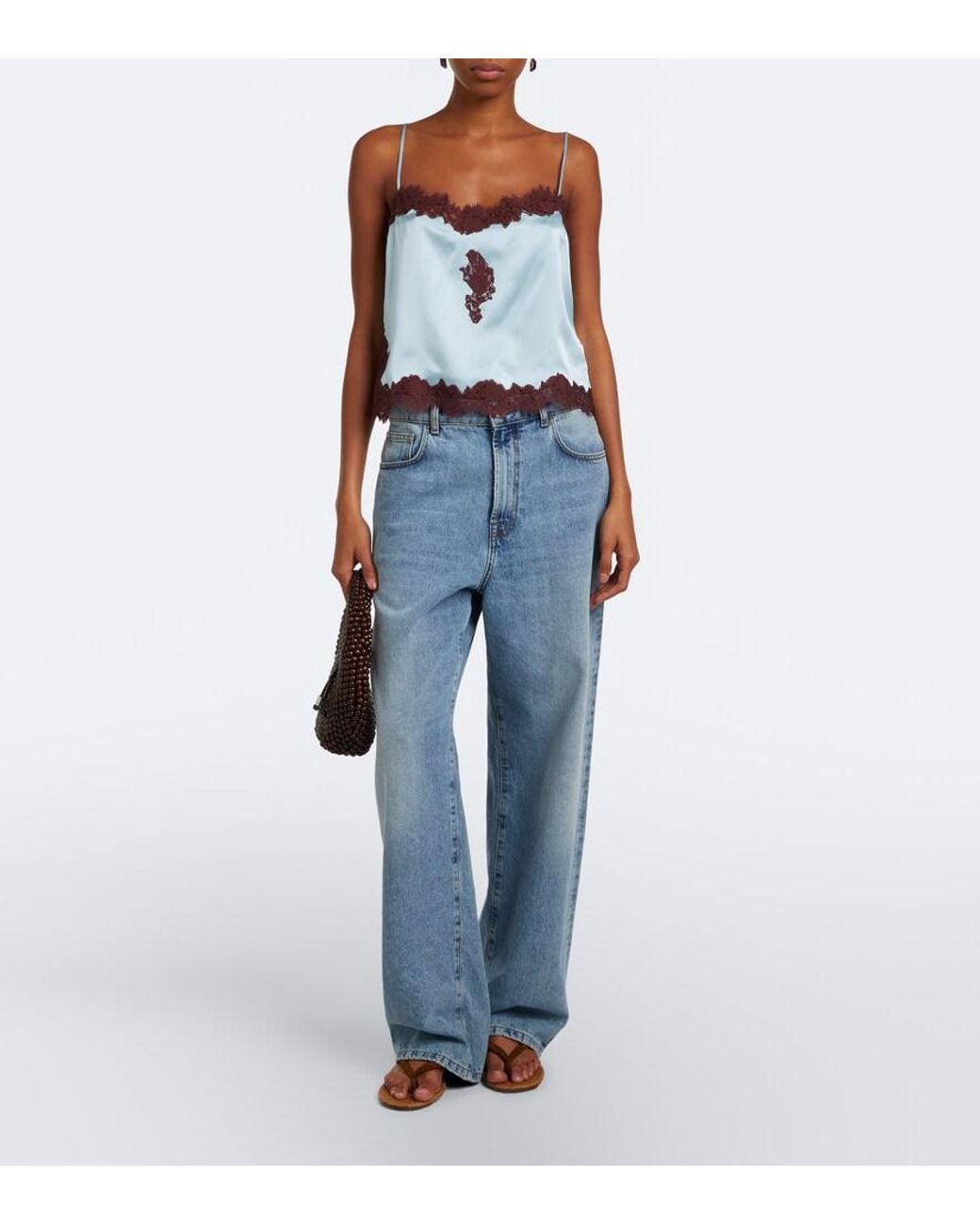 Doen Blue Avelaine Lace-Trimmed Silk Satin Camisole