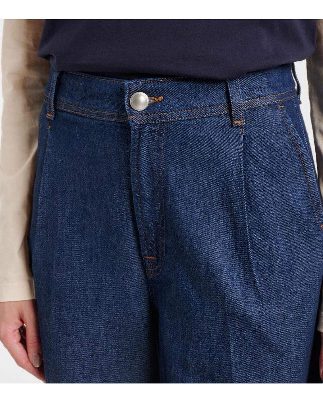7 For All Mankind Blue Pleated High-Rise Wide-Leg Jeans