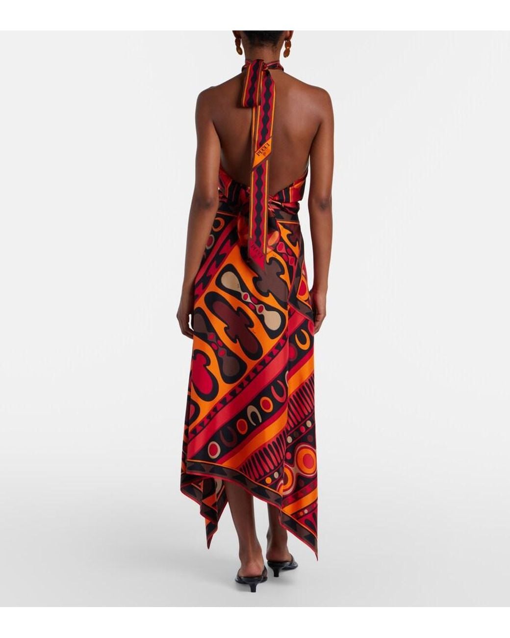 Emilio Pucci Red Soleil Asymmetric Silk Twill Midi Skirt