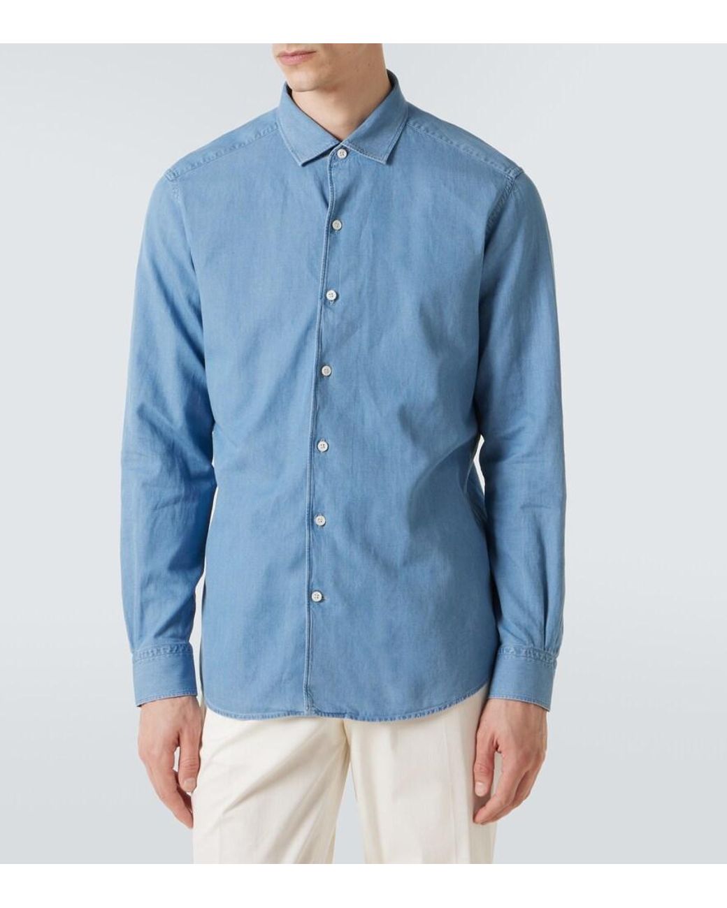 Zegna Blue Cotton And Linen Denim Shirt for men